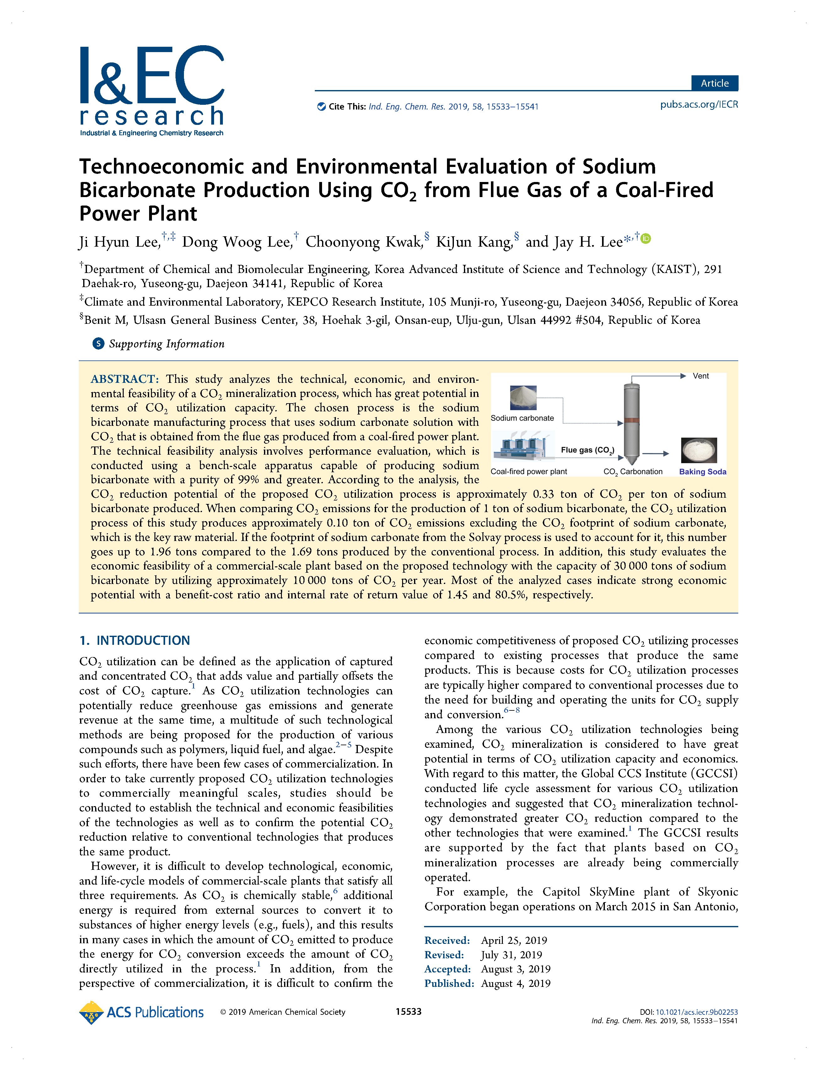 Technoeconomic and Environmental Evaluation of Sodium Bicarbonate Production Using CO2 from Flue Gas of a Coal-Fired Power Plant